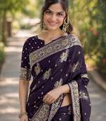 Plum silk blend banarasi saree with unstitched blouse piece