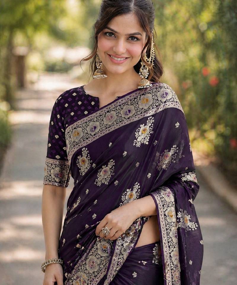 Plum soft silk banarasi jacuard work designer party wear saree with unstitched blouse piece