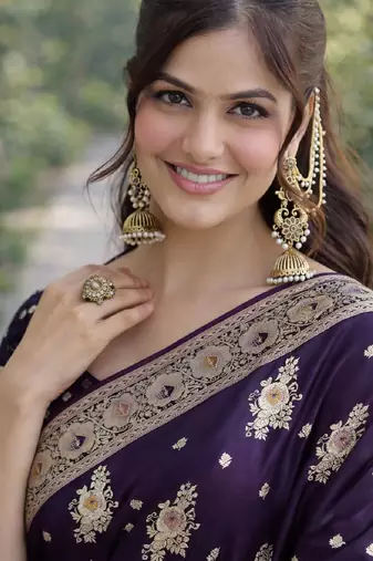 Plum silk blend banarasi saree with unstitched blouse piece