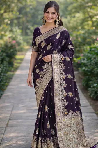 Plum silk blend banarasi saree with unstitched blouse piece