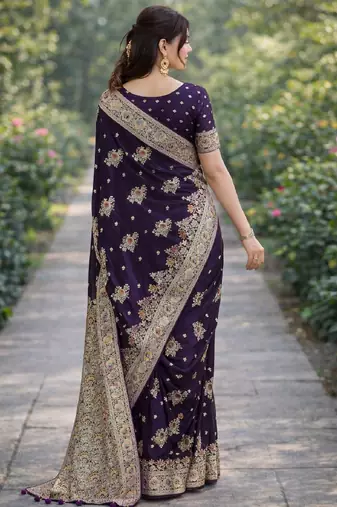 Plum silk blend banarasi saree with unstitched blouse piece