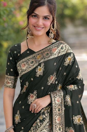 Green soft silk banarasi jacuard work designer party wear saree with unstitched blouse piece