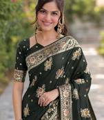 Green silk blend banarasi saree with unstitched blouse piece