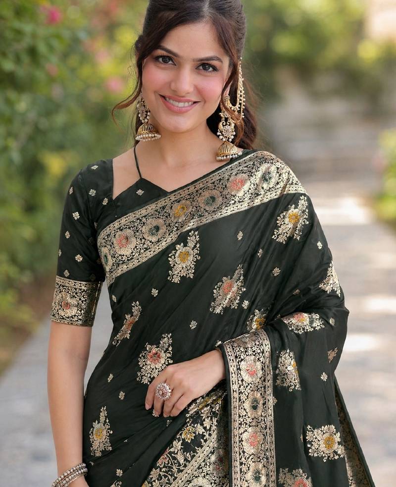 Green soft silk banarasi jacuard work designer party wear saree with unstitched blouse piece