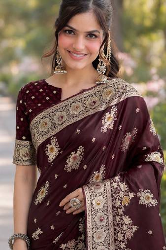 Maroon soft silk banarasi jacuard work designer party wear saree with unstitched blouse piece