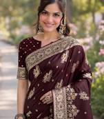 Maroon silk blend banarasi saree with unstitched blouse piece