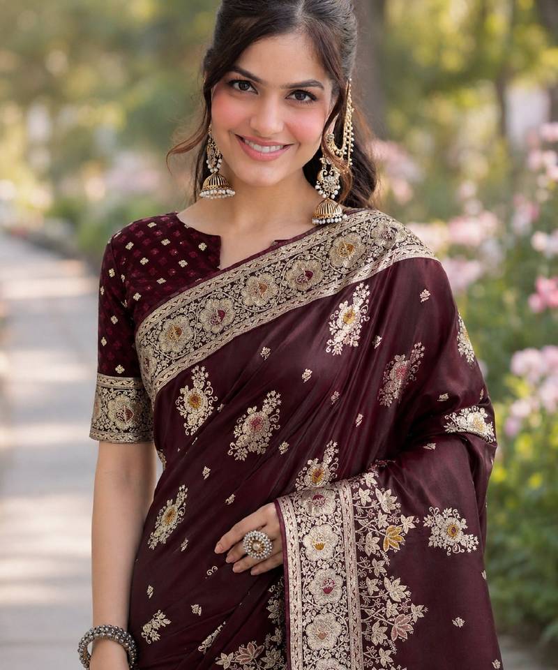 Maroon soft silk banarasi jacuard work designer party wear saree with unstitched blouse piece
