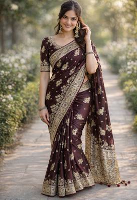 Maroon silk blend banarasi saree with unstitched blouse piece 3