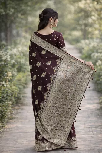 Maroon silk blend banarasi saree with unstitched blouse piece