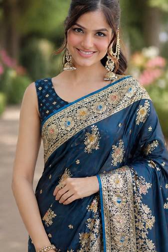 Rama soft silk banarasi jacuard work designer party wear saree with unstitched blouse piece