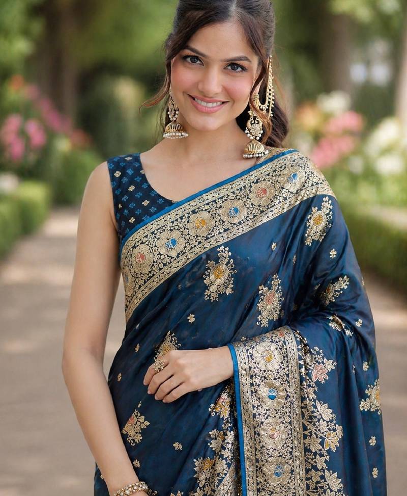 Rama soft silk banarasi jacuard work designer party wear saree with unstitched blouse piece