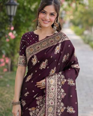 Wine silk blend banarasi saree with unstitched blouse piece 1
