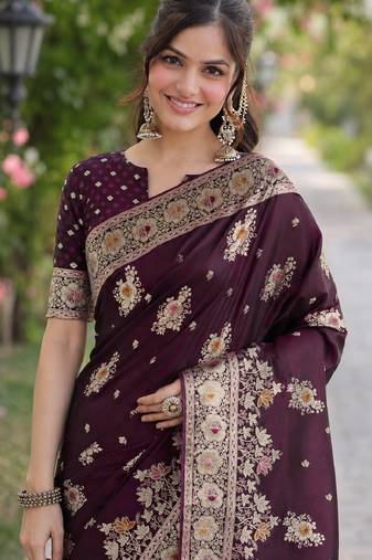 Wine soft silk banarasi jacuard work designer party wear saree with unstitched blouse piece