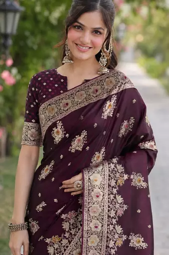 Wine silk blend banarasi saree with unstitched blouse piece