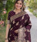 Wine silk blend banarasi saree with unstitched blouse piece