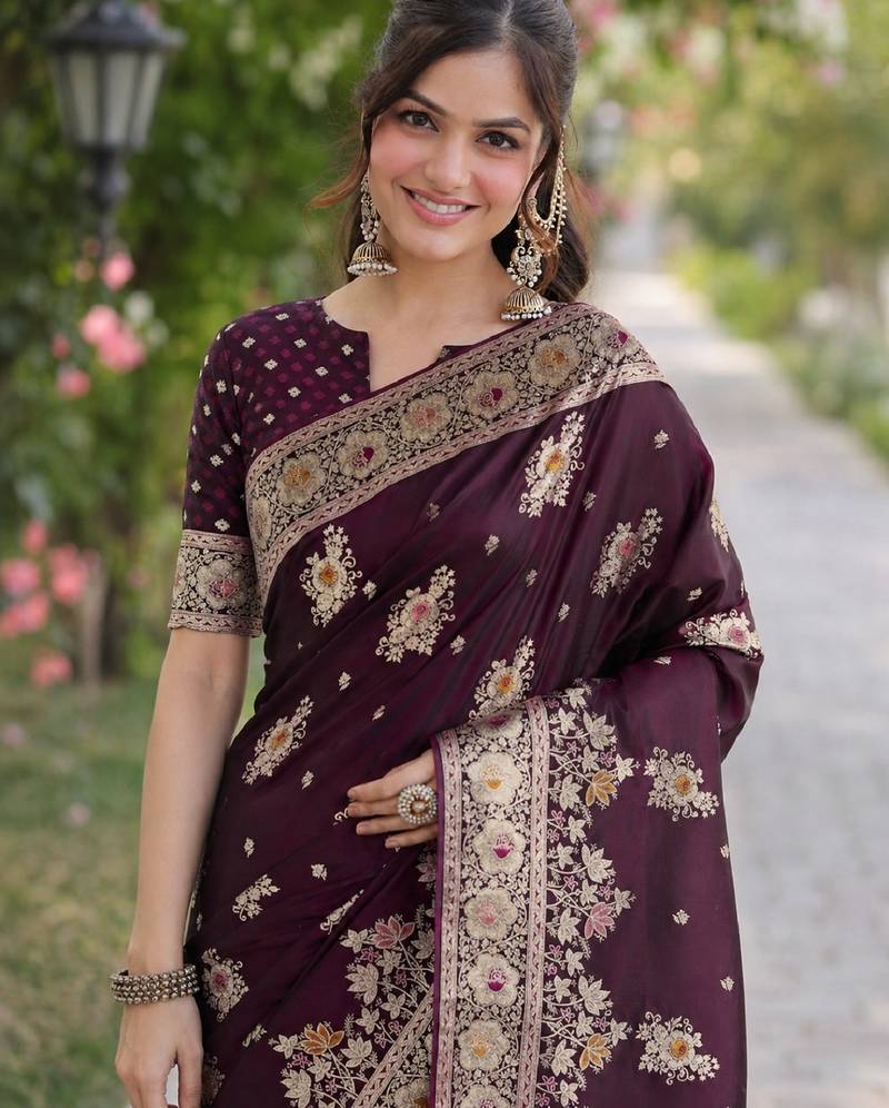 Wine soft silk banarasi jacuard work designer party wear saree with unstitched blouse piece