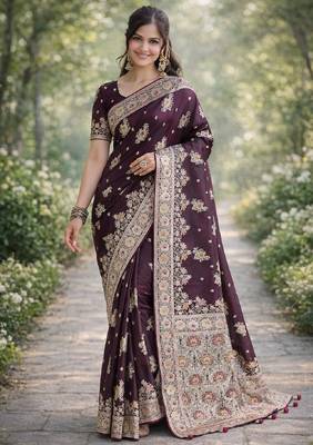 Wine silk blend banarasi saree with unstitched blouse piece 3