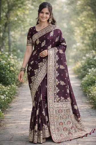 Wine silk blend banarasi saree with unstitched blouse piece