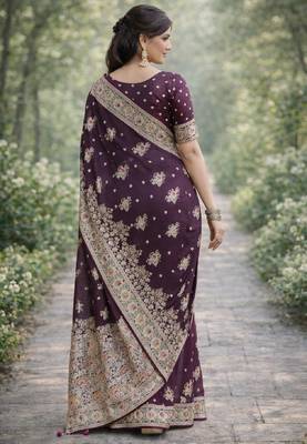 Wine silk blend banarasi saree with unstitched blouse piece 4