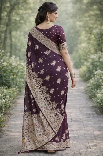 Wine silk blend banarasi saree with unstitched blouse piece