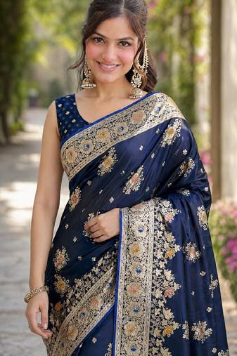 Blue soft silk banarasi jacuard work designer party wear saree with unstitched blouse piece