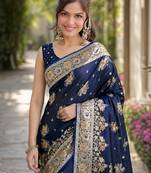 Blue soft silk banarasi jacuard work designer party wear saree with unstitched blouse piece