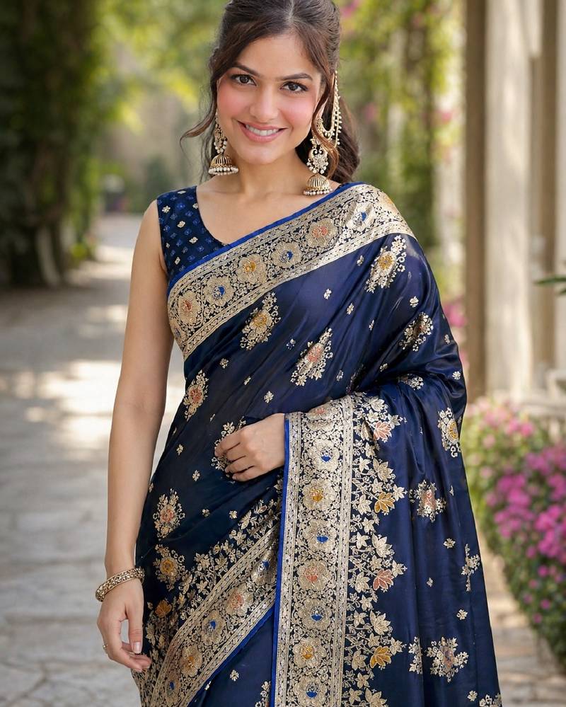Blue soft silk banarasi jacuard work designer party wear saree with unstitched blouse piece