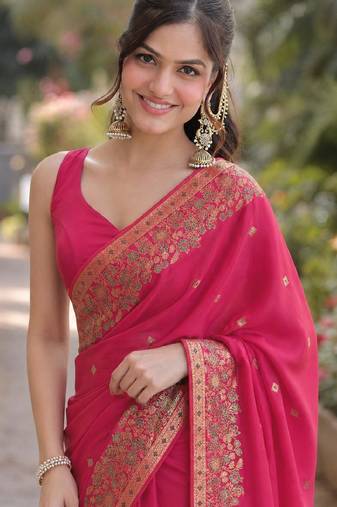 Pink soft silk banarasi jacuard work designer party wear saree with unstitched blouse piece