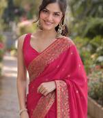 Pink silk blend banarasi saree with unstitched blouse piece