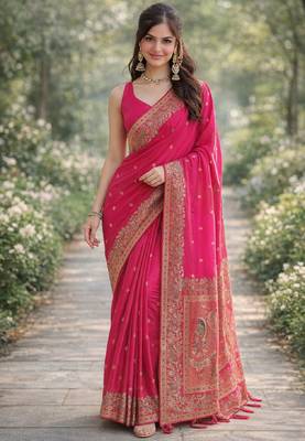 Pink silk blend banarasi saree with unstitched blouse piece 3