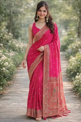 Pink silk blend banarasi saree with unstitched blouse piece