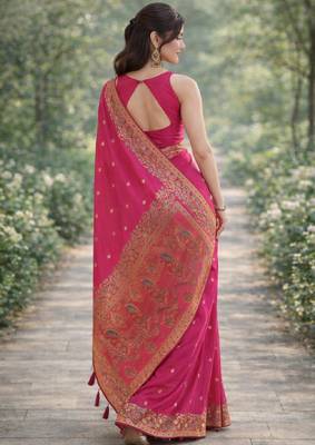 Pink silk blend banarasi saree with unstitched blouse piece 4