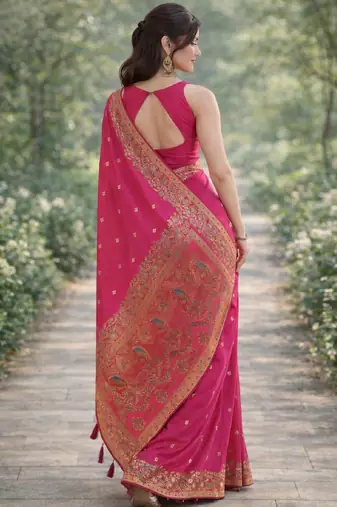 Pink silk blend banarasi saree with unstitched blouse piece