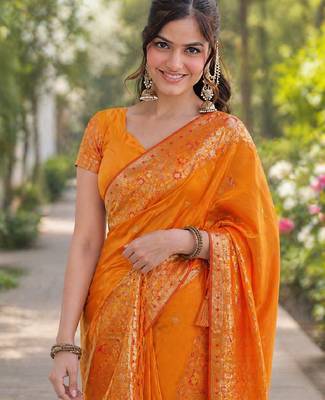 Orange silk blend banarasi saree with unstitched blouse piece 1