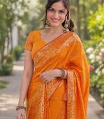 Orange silk blend banarasi saree with unstitched blouse piece
