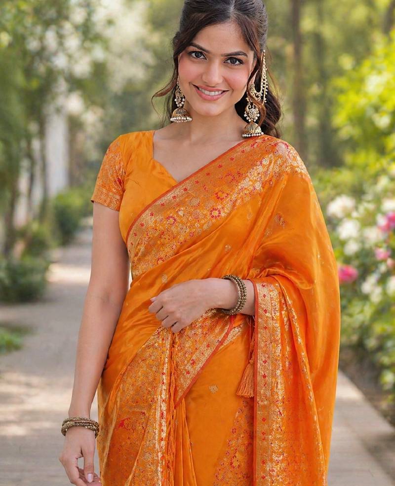 Orange soft silk banarasi jacuard work designer party wear saree with unstitched blouse piece
