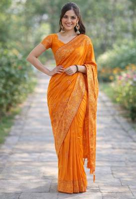 Orange silk blend banarasi saree with unstitched blouse piece 3