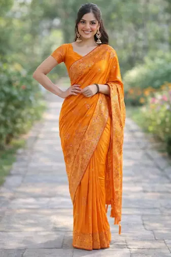 Orange silk blend banarasi saree with unstitched blouse piece