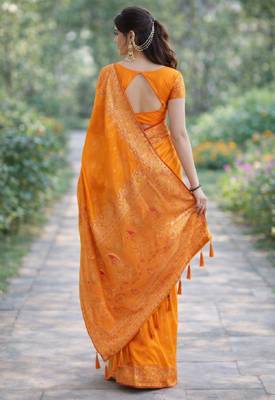 Orange silk blend banarasi saree with unstitched blouse piece 4