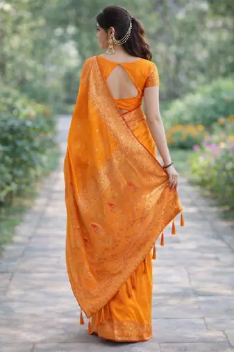 Orange silk blend banarasi saree with unstitched blouse piece