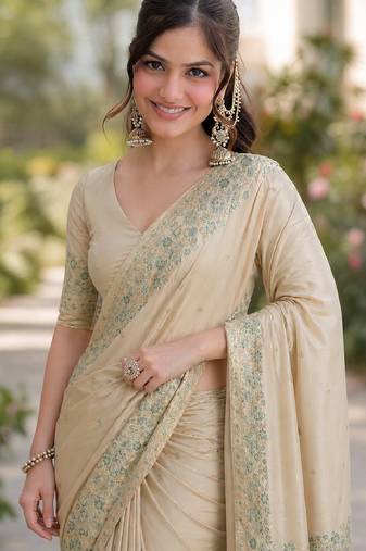 Cream soft silk banarasi jacuard work designer party wear saree with unstitched blouse piece
