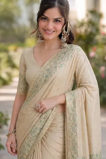 Cream soft silk banarasi jacuard work designer party wear saree with unstitched blouse piece