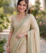 Cream silk blend banarasi saree with unstitched blouse piece