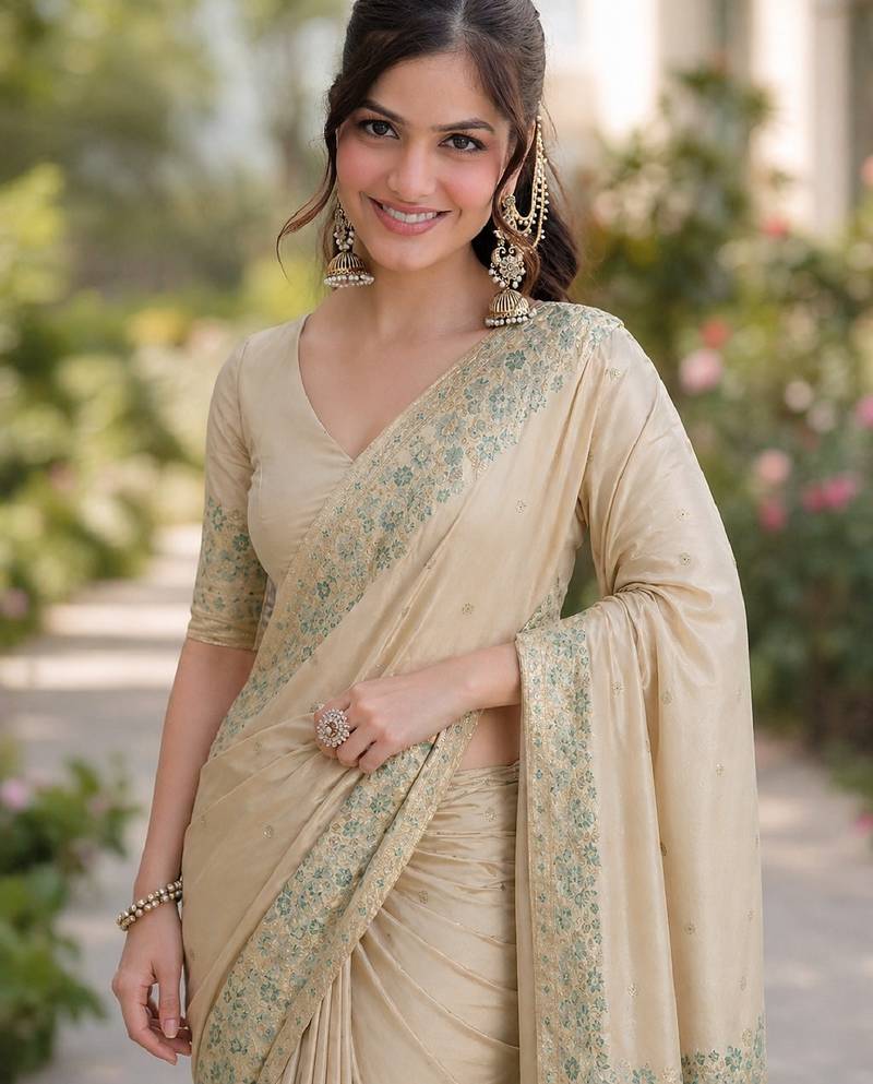 Cream soft silk banarasi jacuard work designer party wear saree with unstitched blouse piece