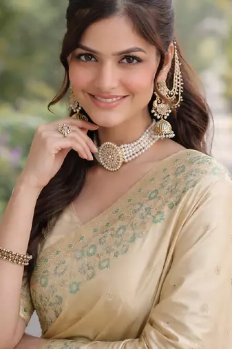Cream silk blend banarasi saree with unstitched blouse piece