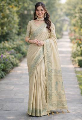 Cream silk blend banarasi saree with unstitched blouse piece 3