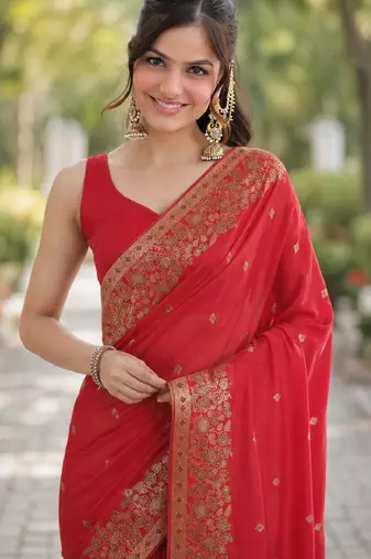 Red soft silk banarasi jacuard work designer party wear saree with unstitched blouse piece