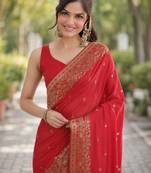 Red silk blend banarasi saree with unstitched blouse piece