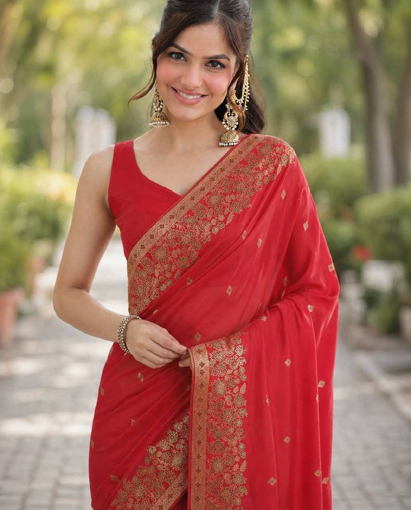 Red soft silk banarasi jacuard work designer party wear saree with unstitched blouse piece