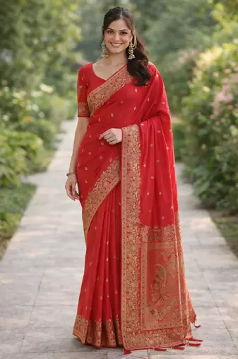 Red silk blend banarasi saree with unstitched blouse piece